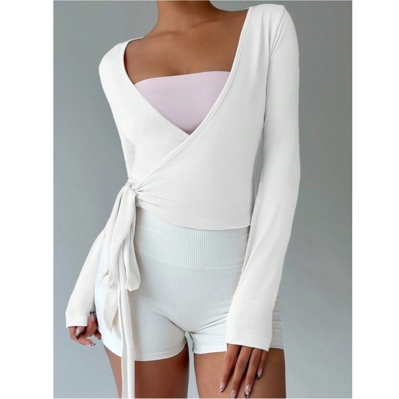 White V-Neck Long Sleeve Tie Side Wrap Shirt - Picture 5 of 9